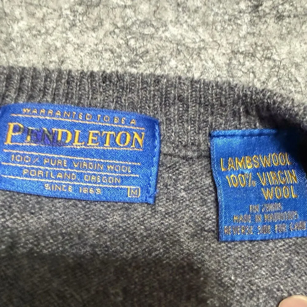 Vtg Pendleton Lambswool Sweater Mens M Gray V Neck Knit Virgin Wool Distressed